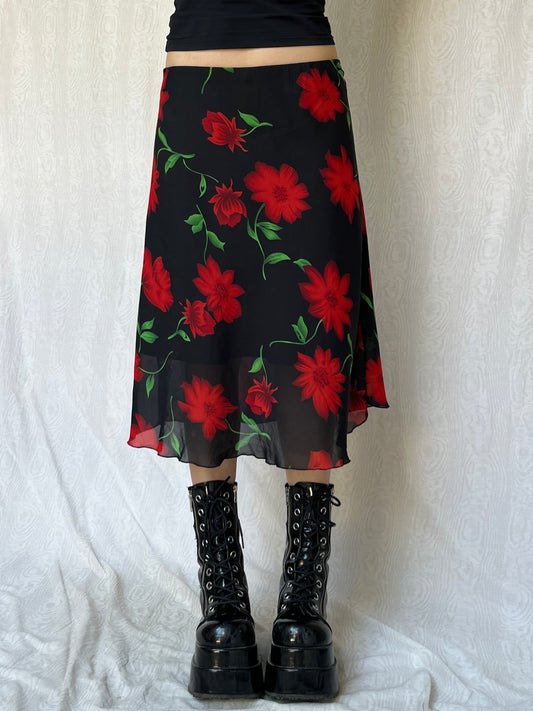 Vintage 90s Grunge Fairy Floral Midi Skirt (S/M)