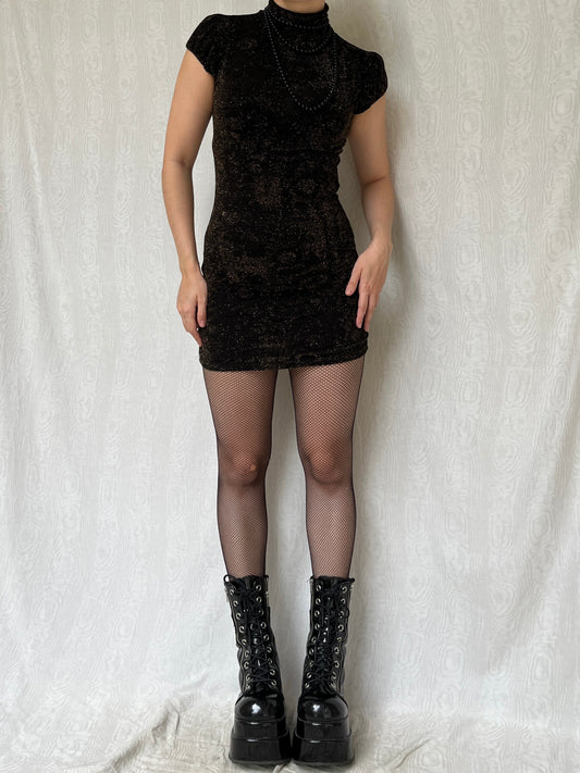 Vintage 00s Clubwear Black Gold Glittery Mini Dress (S/M)