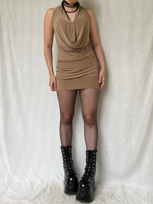 Vintage 00s Deadstock Clubwear Nude Halter Mini Dress (S)