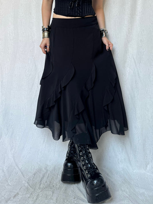 Vintage 90s Gothic Witchy Ruffled Black Maxi Skirt (M)