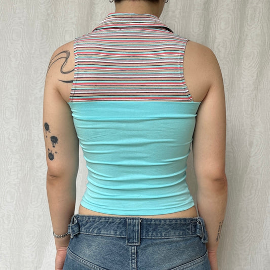 Vintage 00s Deadstock Eclectic Stripped Turquoise Top (S)