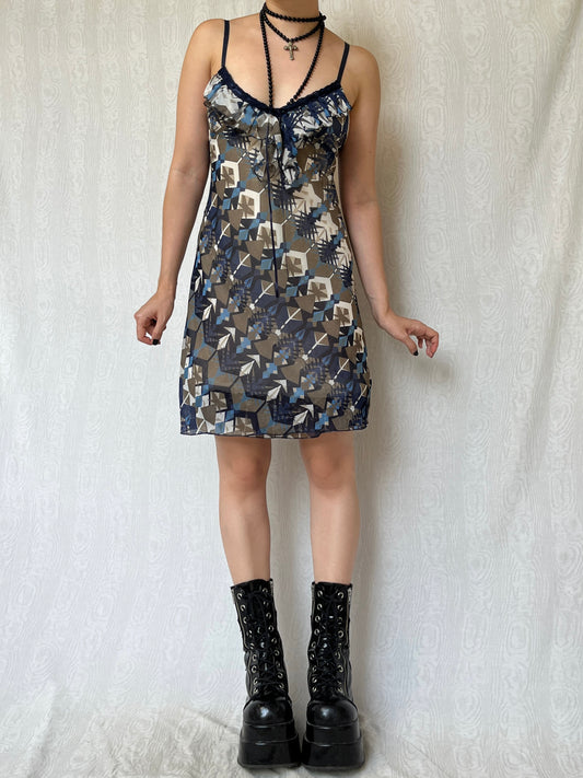 Vintage 00s Eclectic Graphic Ruffled Knee Dress (S/M)