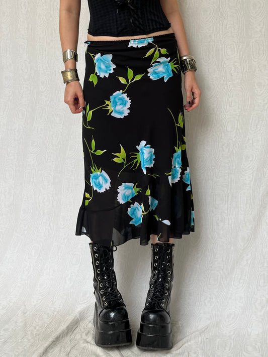 Vintage 90s Grunge Fairy Blue Rose Graphic Midi Skirt (M)