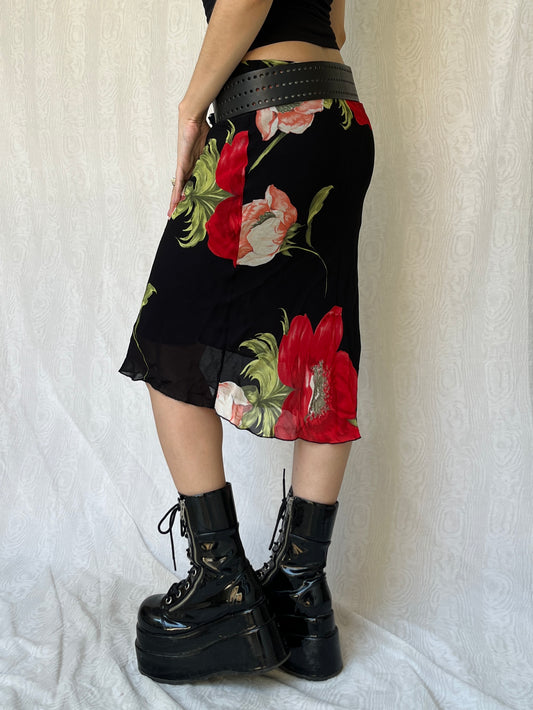 Vintage 90s Dark Romantic Floral Knee Skirt (S/M)