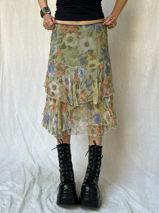Vintage 00s Fairy Silk Floral Midi Skirt (S)