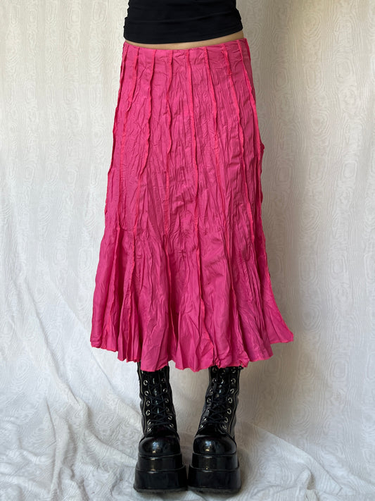 Vintage 00s Eclectic Hot Pink Crinkle Maxi Skirt (S)