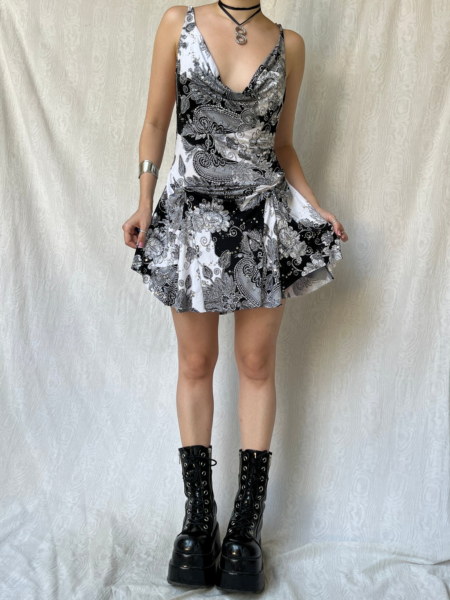 Vintage 00s Clubwear Sparkly Black&White Backless Mini Dress (S/M)