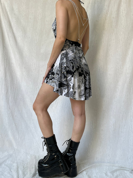 Vintage 00s Clubwear Sparkly Black&White Backless Mini Dress (S/M)