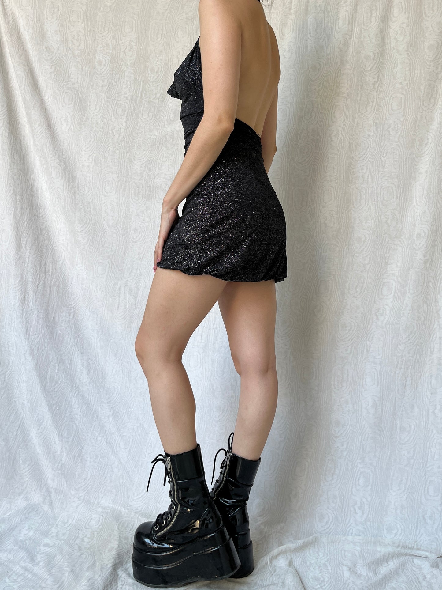 Vintage 00s Clubwear Sparkly Gray Backless Mini Cowl Dress (S)