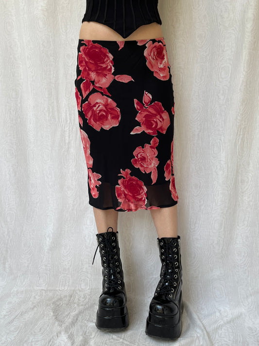 Vintage 90s Dark Romantic Floral Knee Skirt (XS/S)