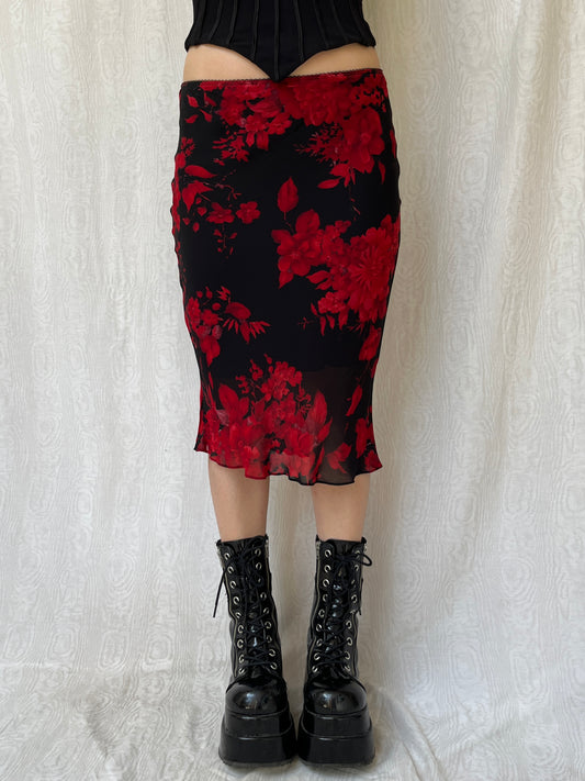 Vintage 90s Dark Romantic Floral Knee Skirt (S)