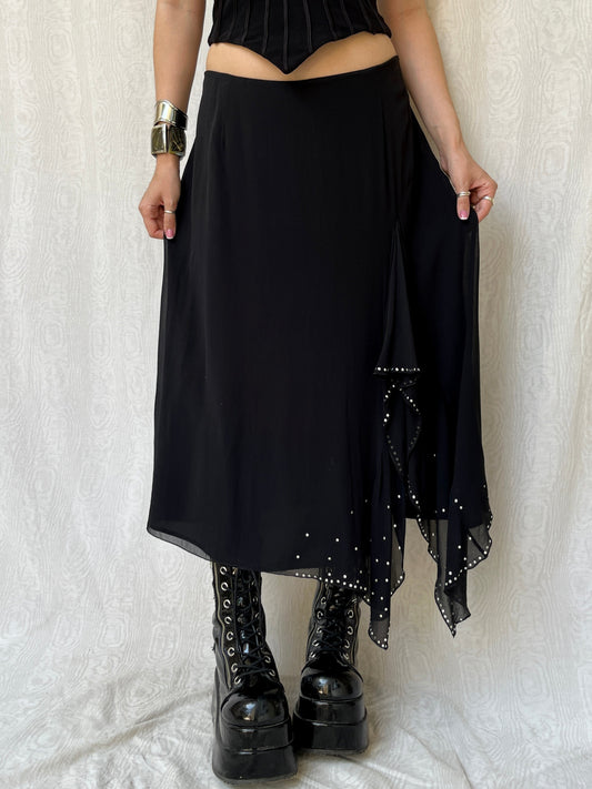 Vintage 90s Witchy Black Silk Midi Skirt (M/L)