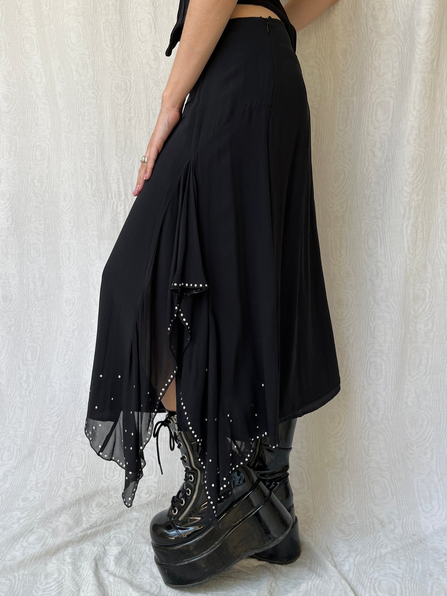 Vintage 90s Witchy Black Silk Midi Skirt (M/L)