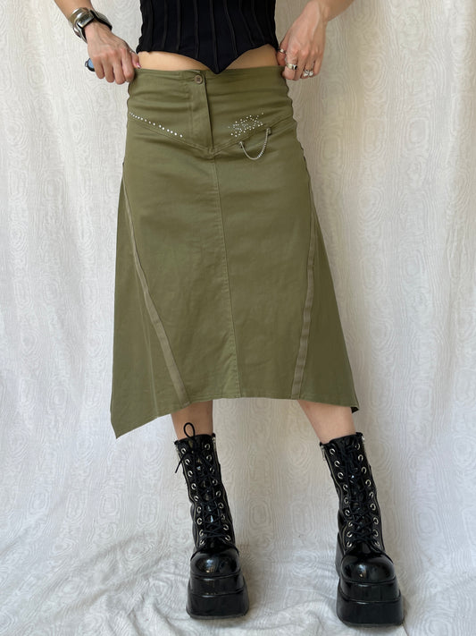 Vintage 00s Biker Chic Khaki Asymmetric Skirt (S)