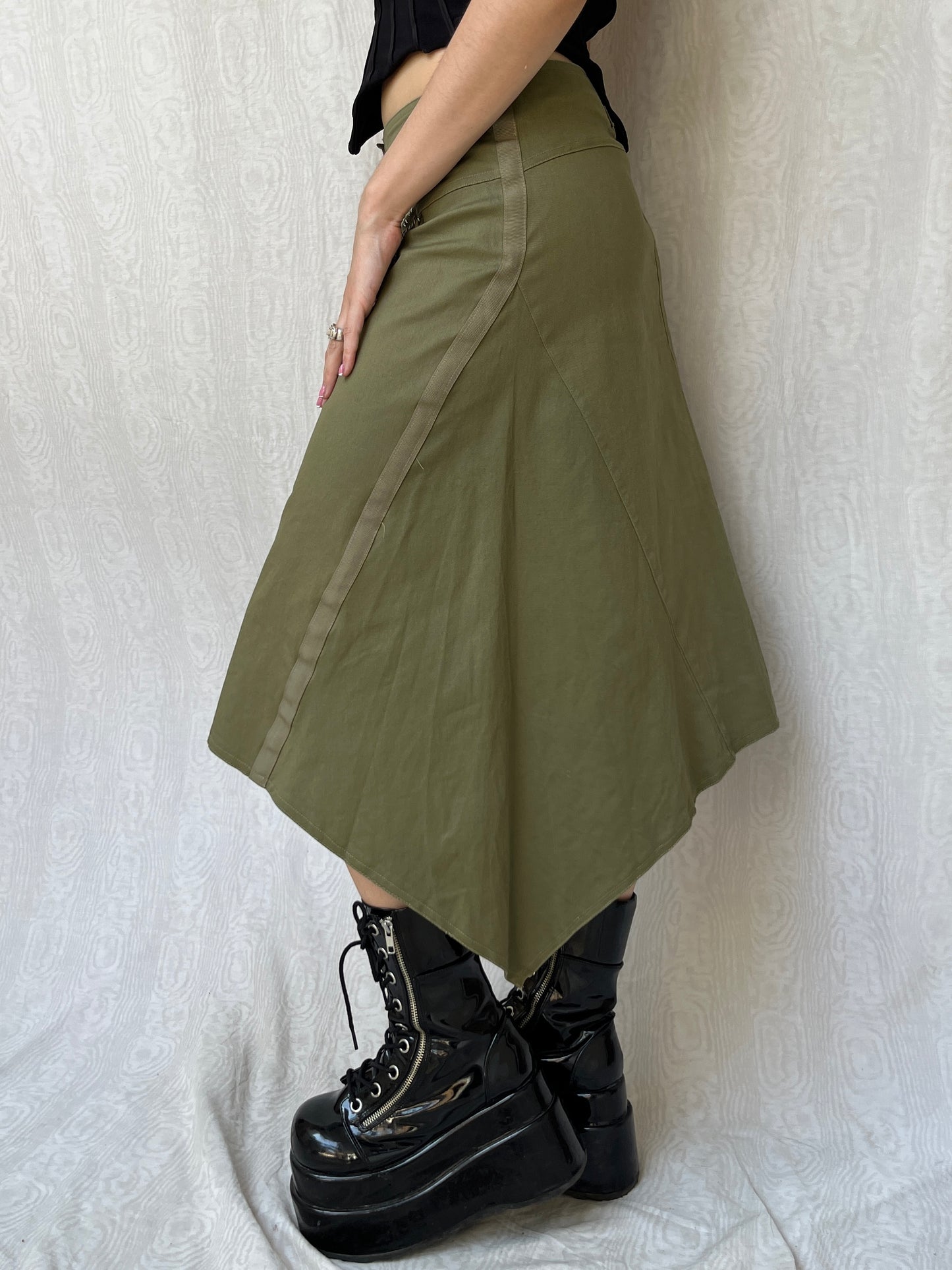 Vintage 00s Biker Chic Khaki Asymmetric Skirt (S)