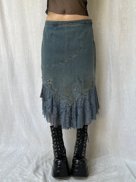 Vintage 00s Fairy Layered Lace & Embroidery Denim Skirt (M)