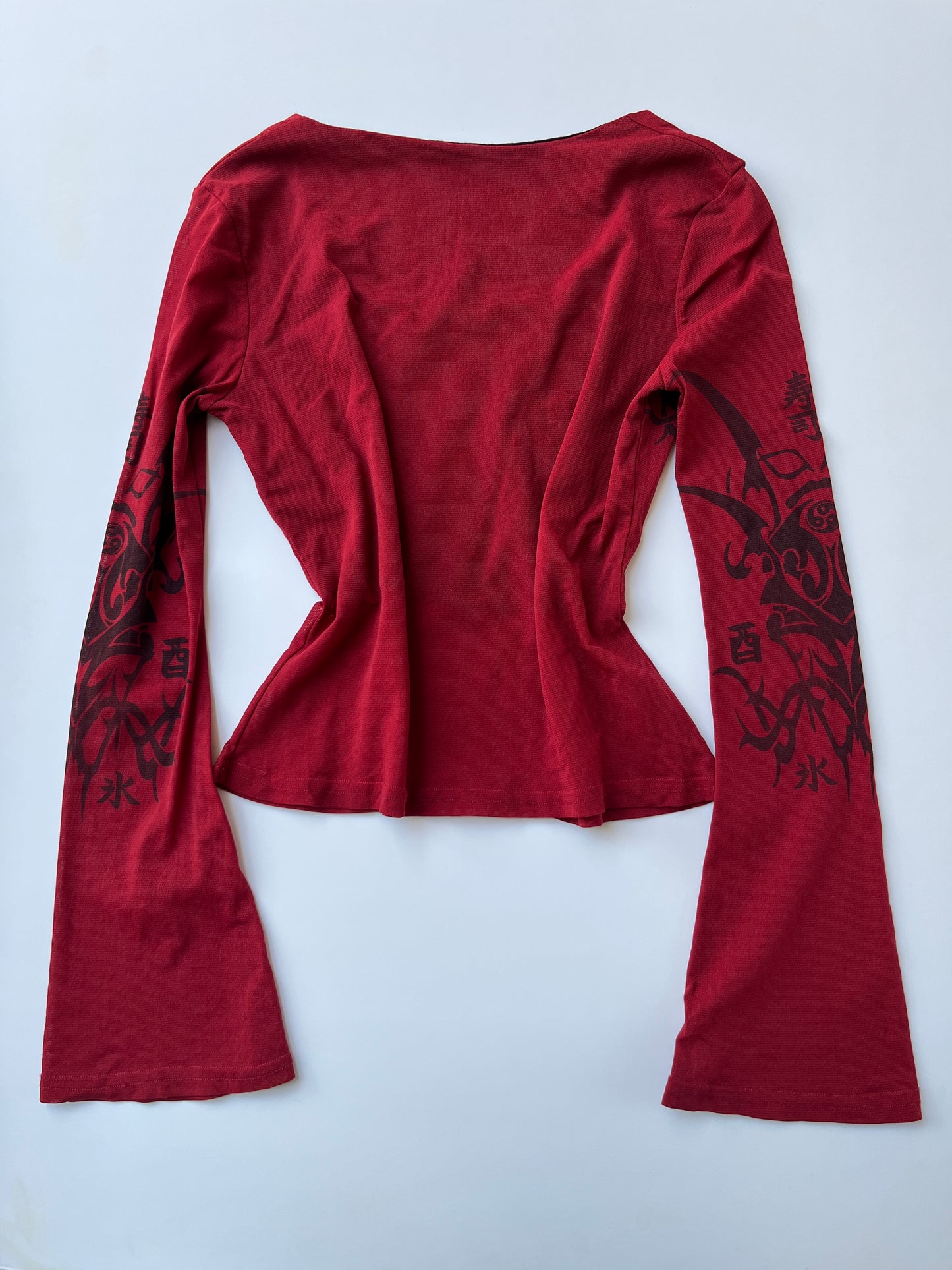 Vintage 00s Rave Graphic Red Bell Sleeve Top (S)
