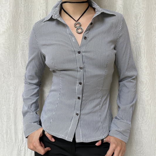 Vintage 00s Office Siren Striped Blouse (S)