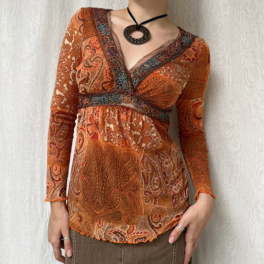 Vintage 00s Boho Graphic Orange Babydoll Top (XS/S)