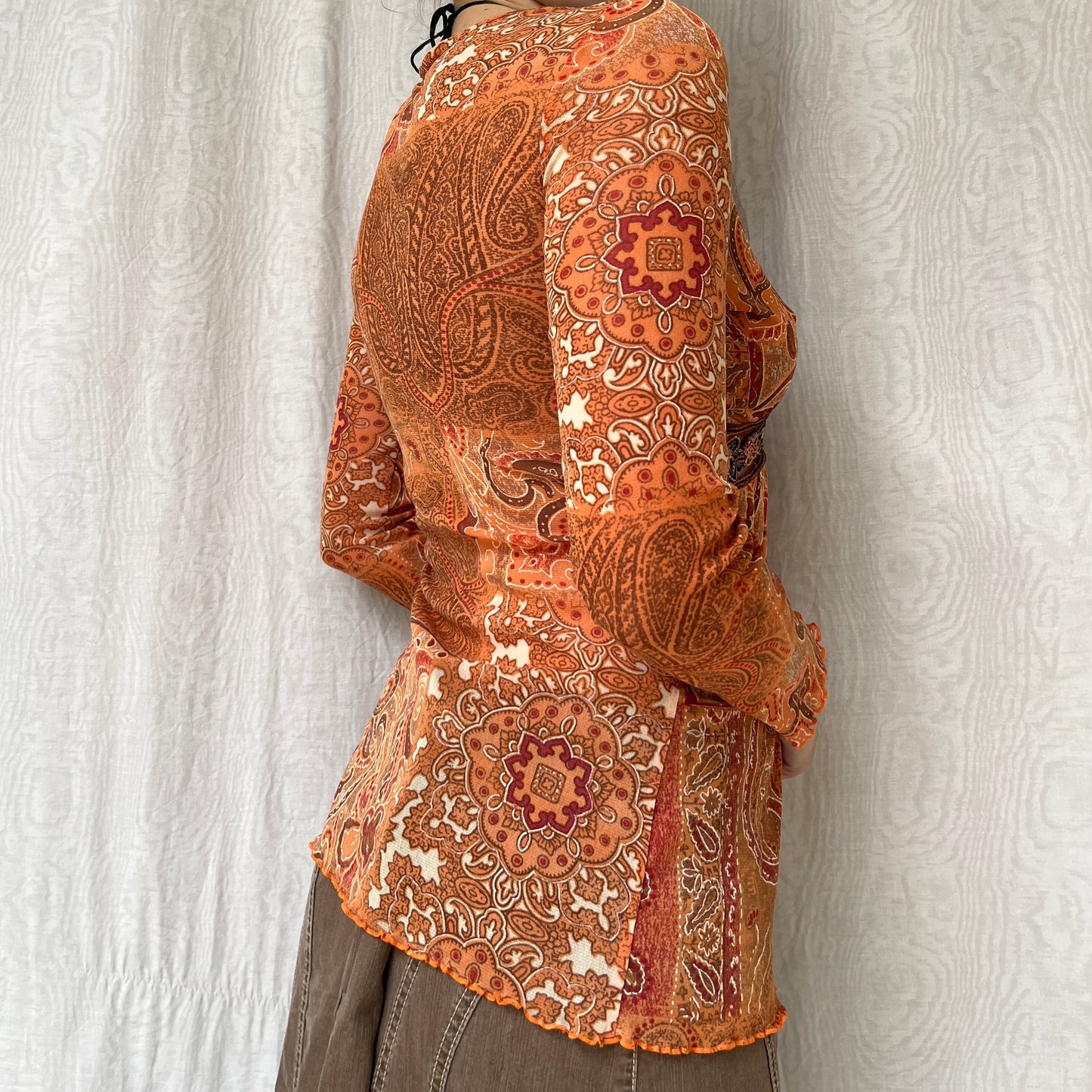 Vintage 00s Boho Graphic Orange Babydoll Top (XS/S)