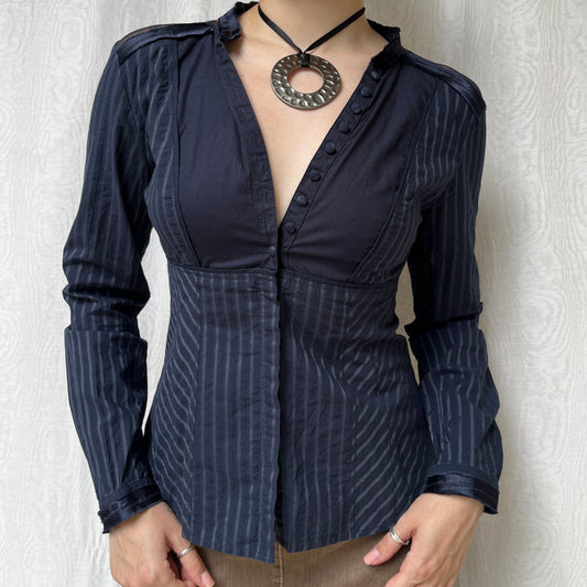 Vintage 00s Office Siren Navy Blouse (S)