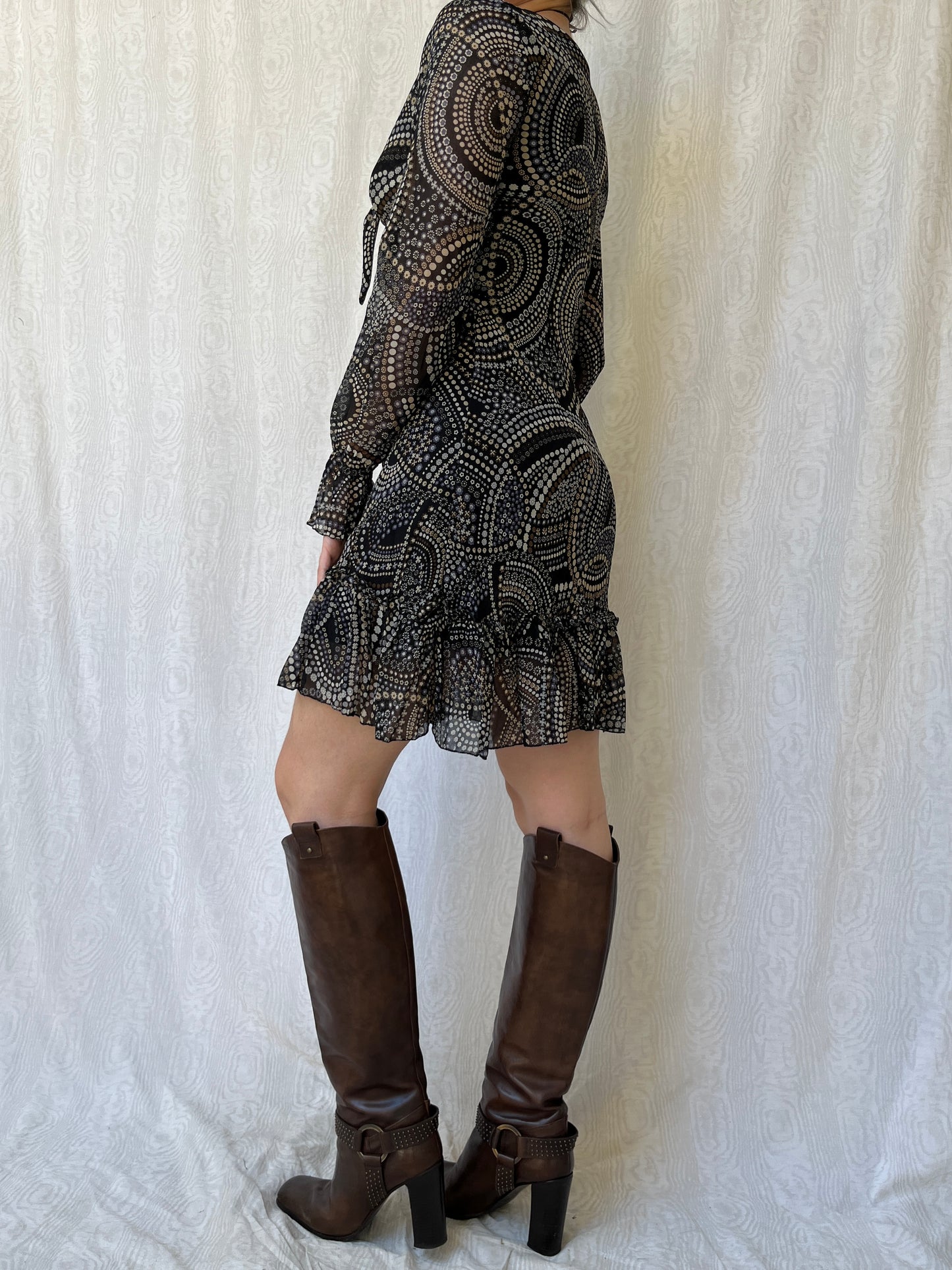 Vintage 00s Eclectic Boho Graphic Long Sleeve Mini Dress (S/M)