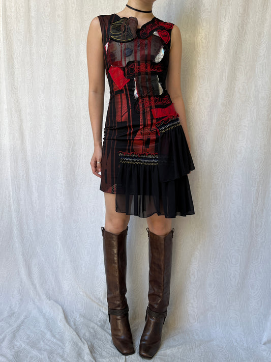 Vintage 00s Eclectic Red & Black Patch Dress (XS/S)