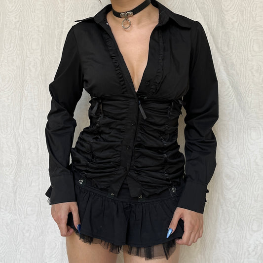 Vintage 00s Corpgoth Black Ruched Button Up Top (M)
