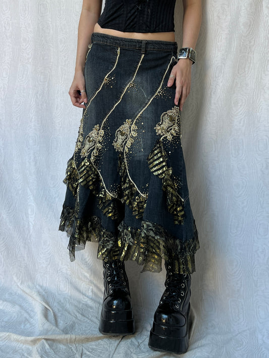 Vintage 00s Grunge Fairy Layered Denim Skirt (M)