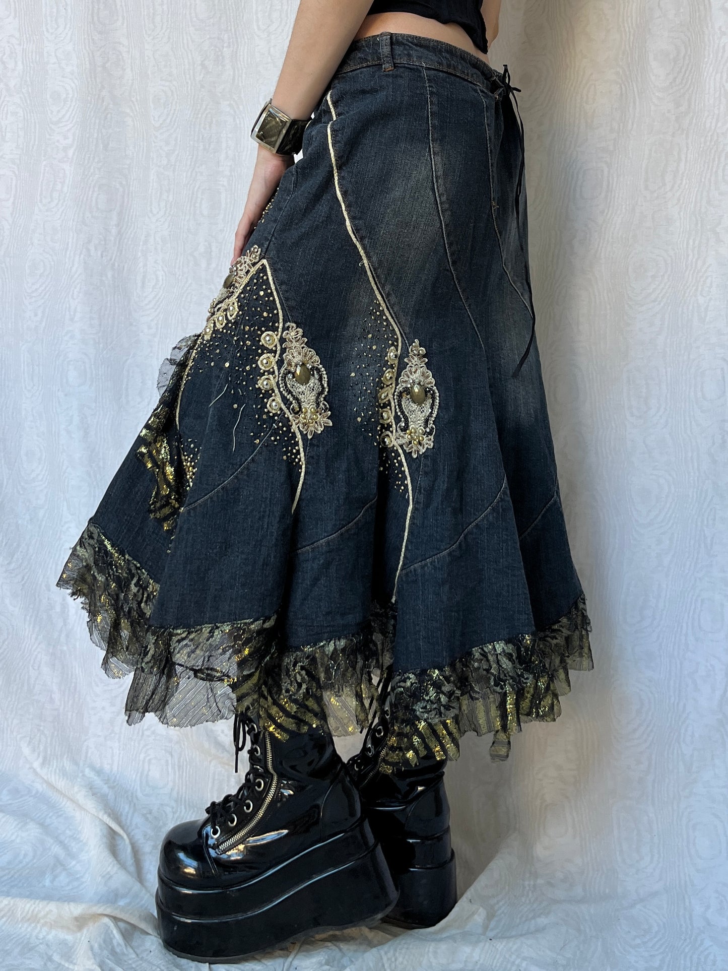 Vintage 00s Grunge Fairy Layered Denim Skirt (M)
