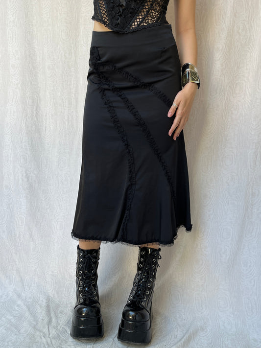 Vintage 00s Gothic Formal Black Midi Skirt (XS/S)
