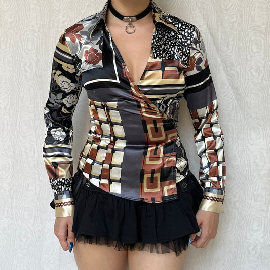 Vintage 00s Eclectic Graphic Wrap Blouse Top (S/M)