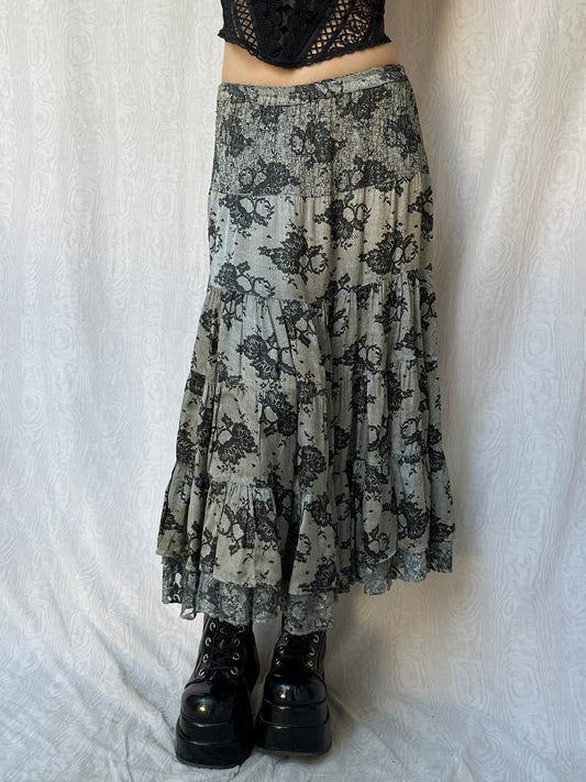 Vintage 00s Whimsigoth Lace Print Tiered Maxi Skirt (M)