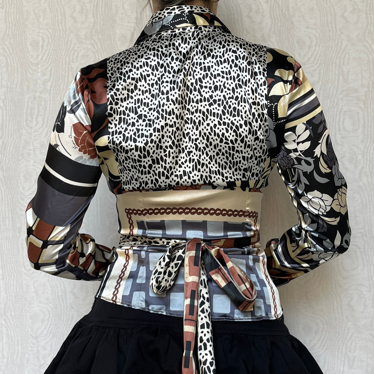 Vintage 00s Eclectic Graphic Wrap Blouse Top (S/M)