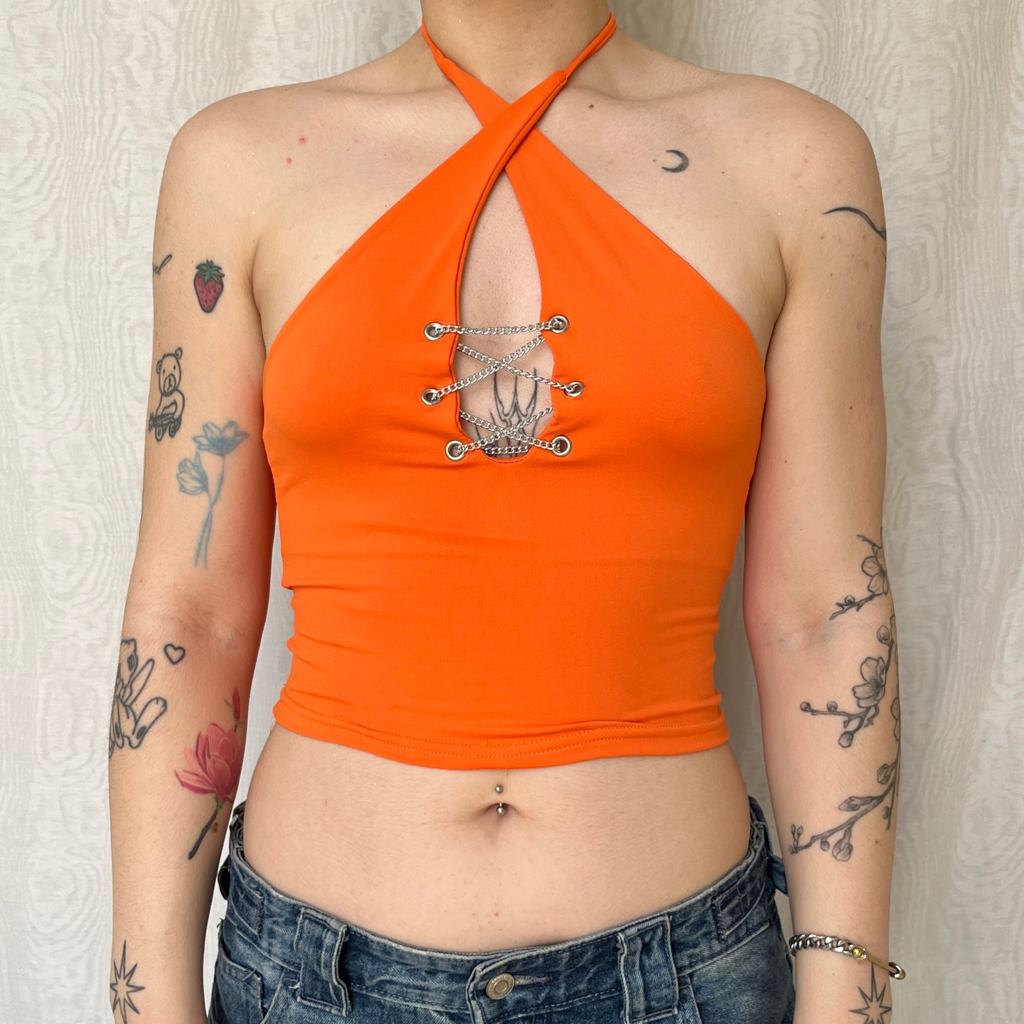 Vintage 00s Deadstock Clubwear Halter Orange Top (S)