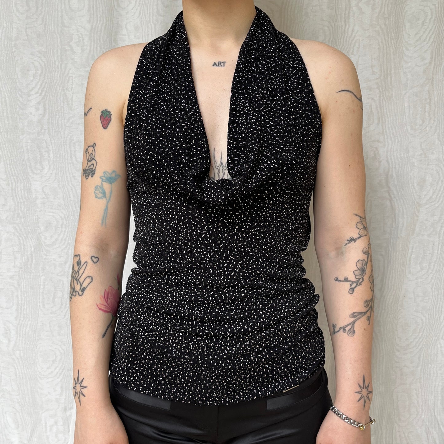Vintage 00s Clubwear Cowl Glittery Black Top (M)