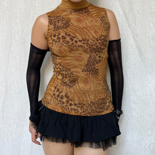 Vintage 00s Eclectic Leopard & Floral Gold Glittery Top (S/M)