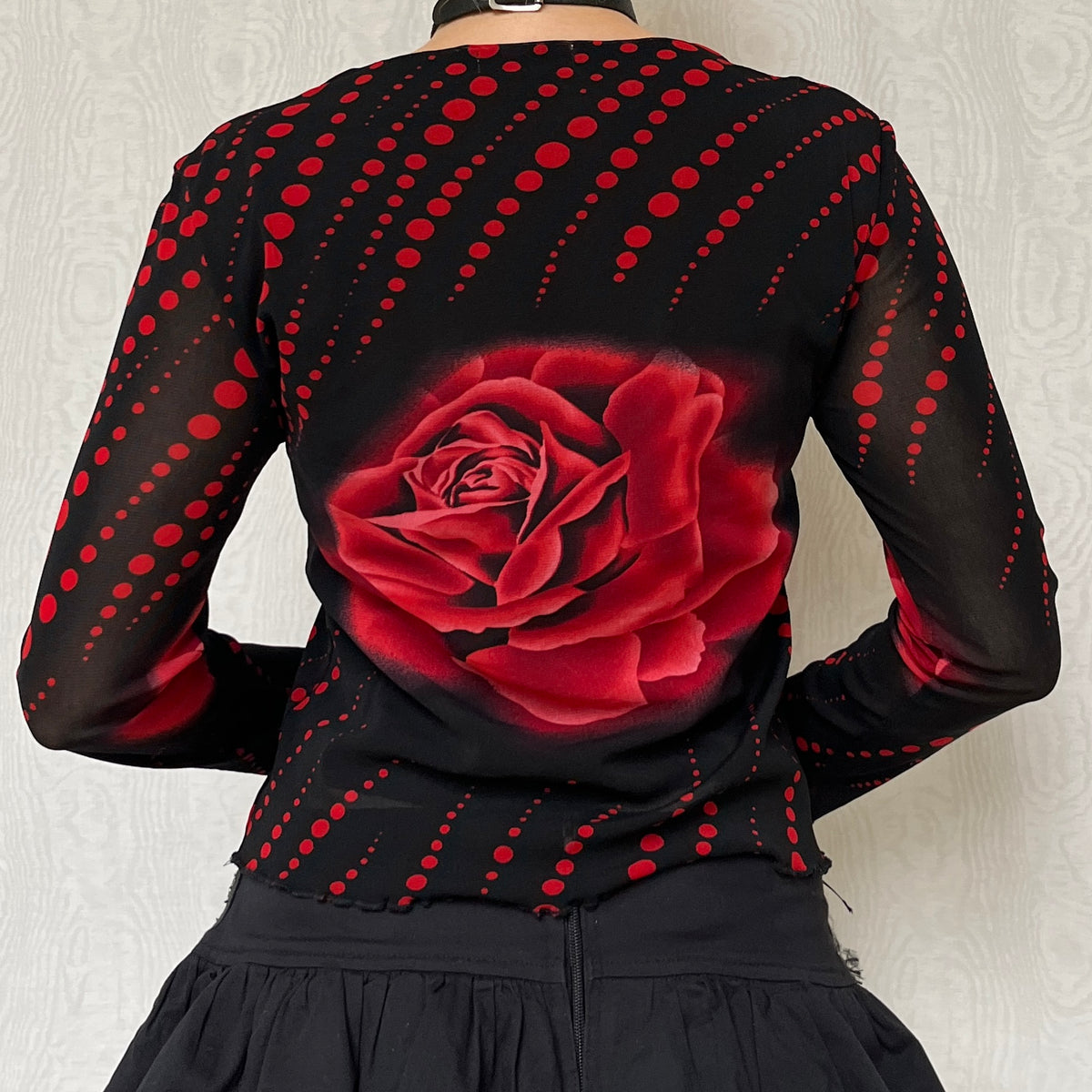 Vintage 00s Romantic Graphic Rose Long Sleeve Mesh Top (S)