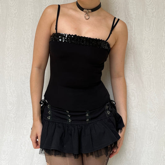 Vintage 00s Clubwear Sequin Neckline Black Corset Top (S)