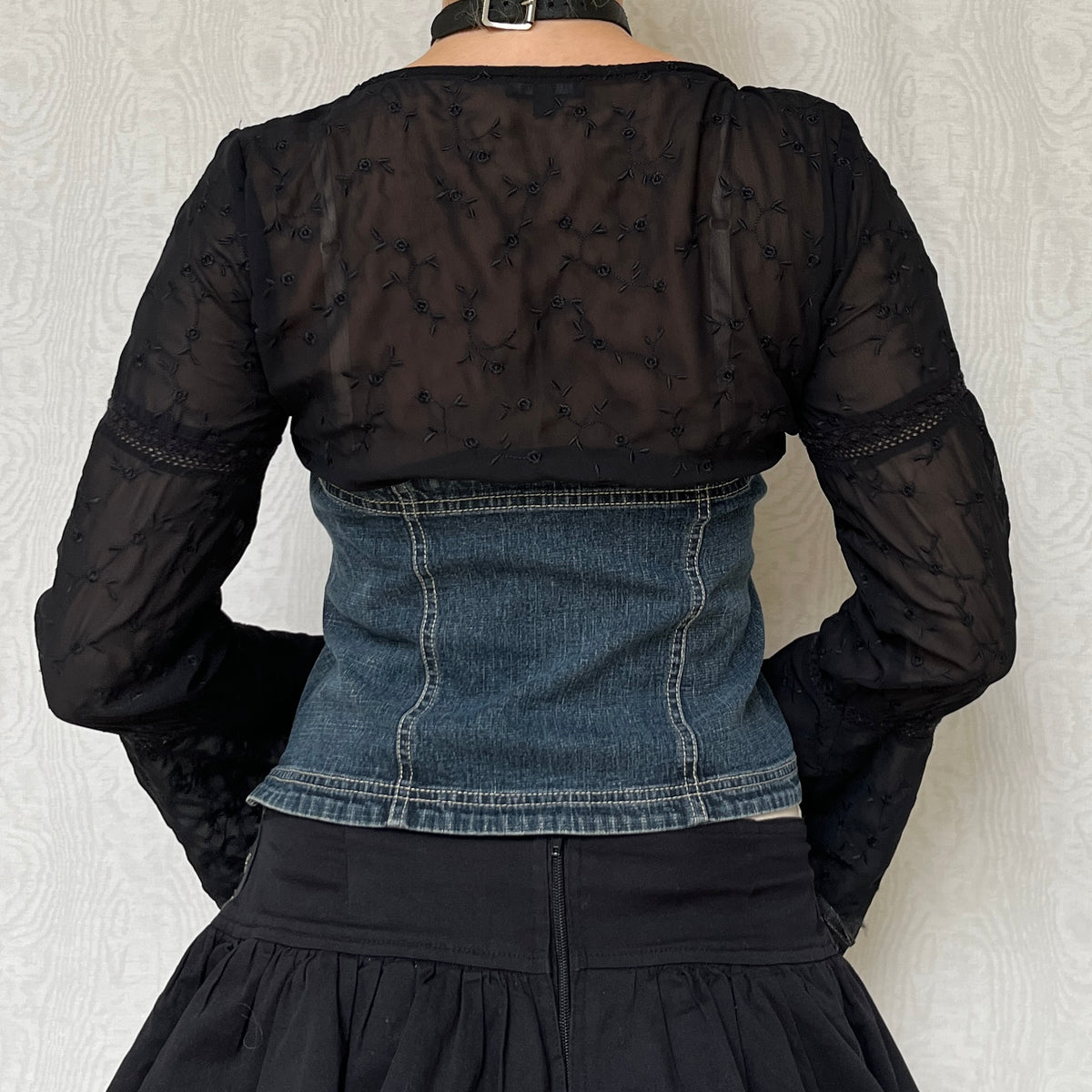 Vintage 00s Witchy Denim Bustier & Embroidered Mesh Bell Sleeve Top (M/L)