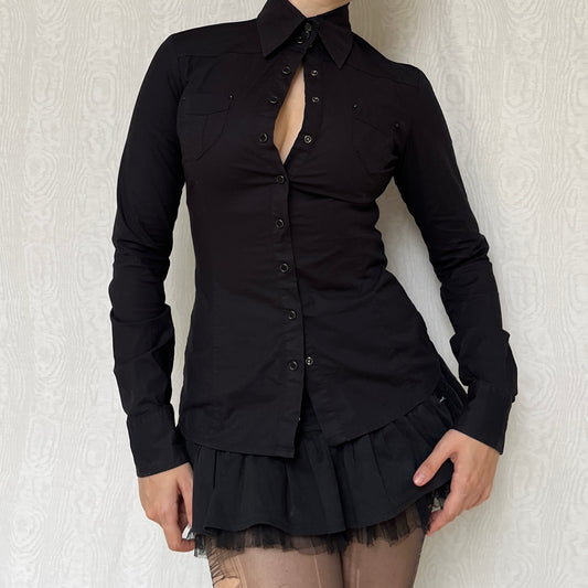 Vintage 00s Office Siren Black Button Up Top (S)
