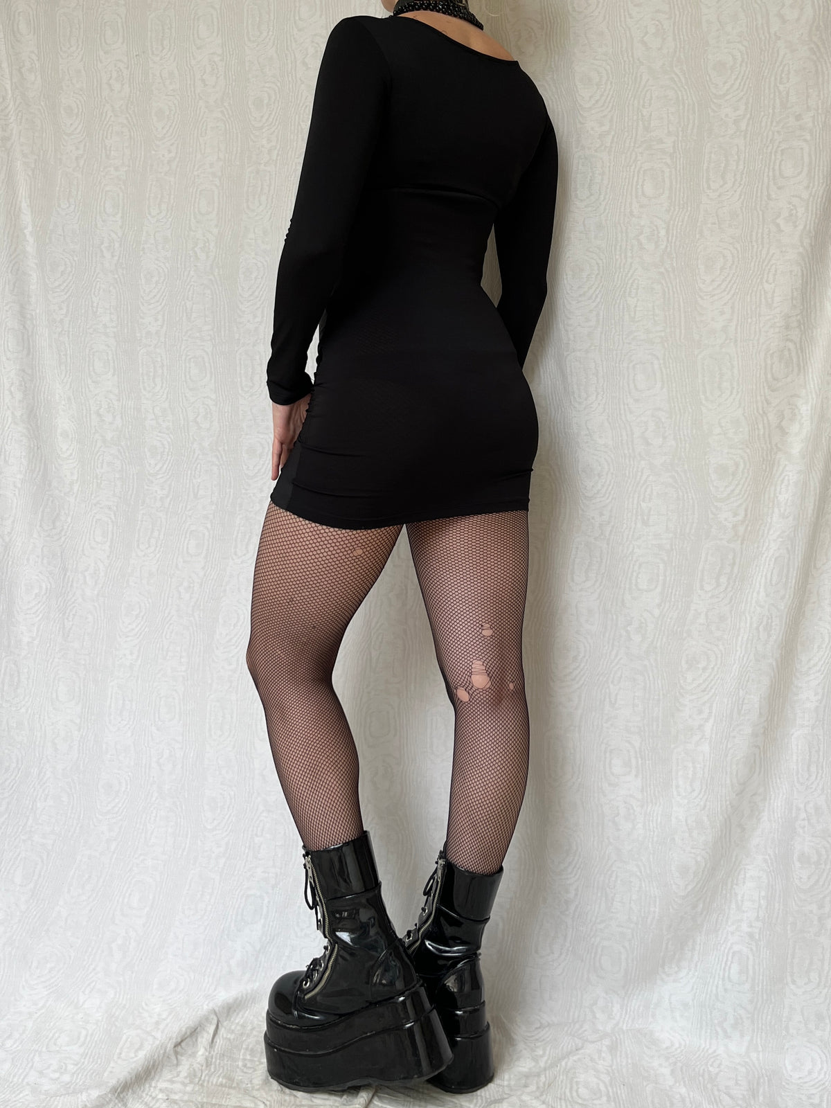 Vintage 00s Grunge Clubwear Black Ruched Long Sleeve Dress (S)