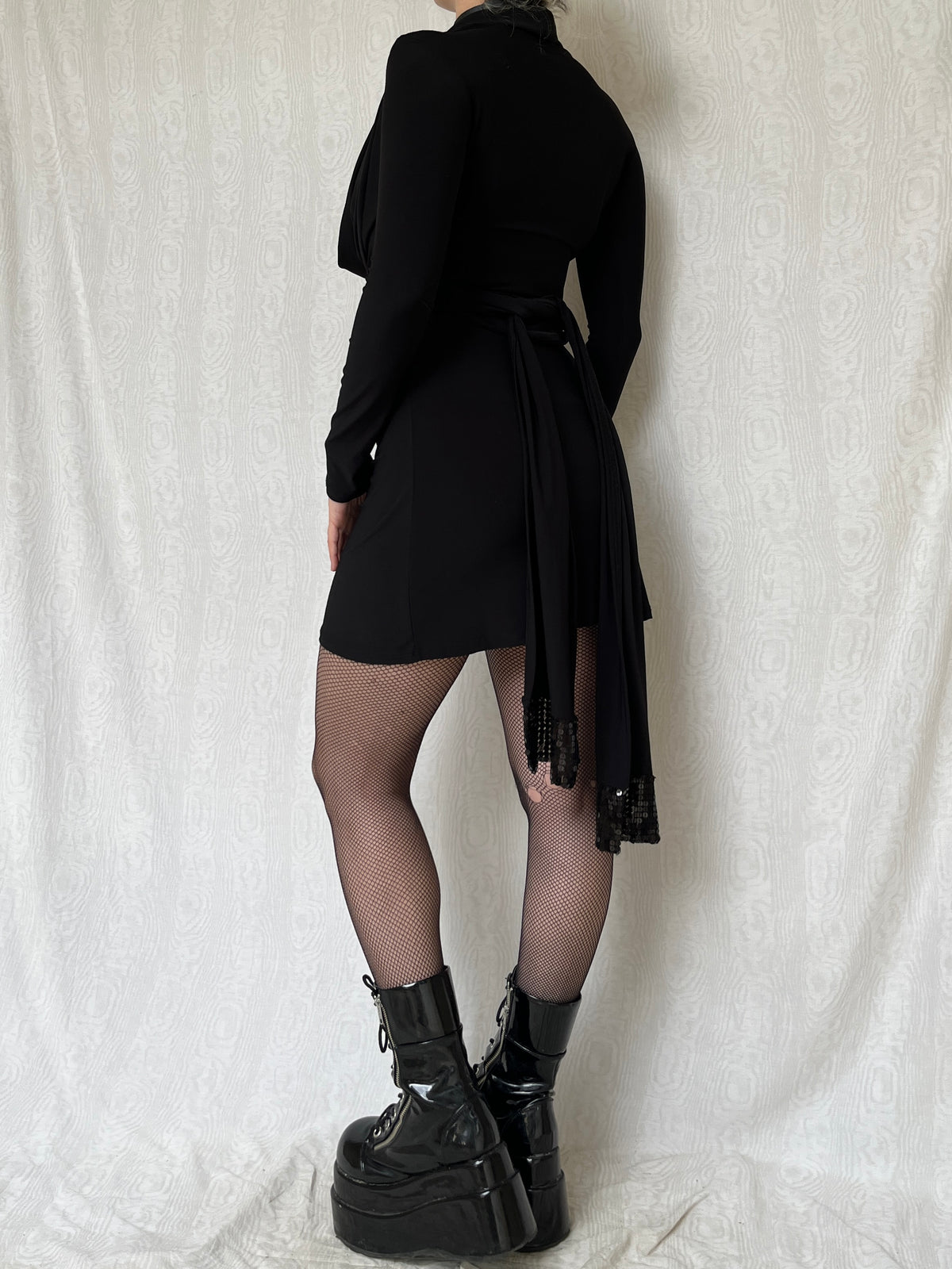 Vintage 00s Clubwear Black Long Sleeve Dress w Sequin Underlay (S)