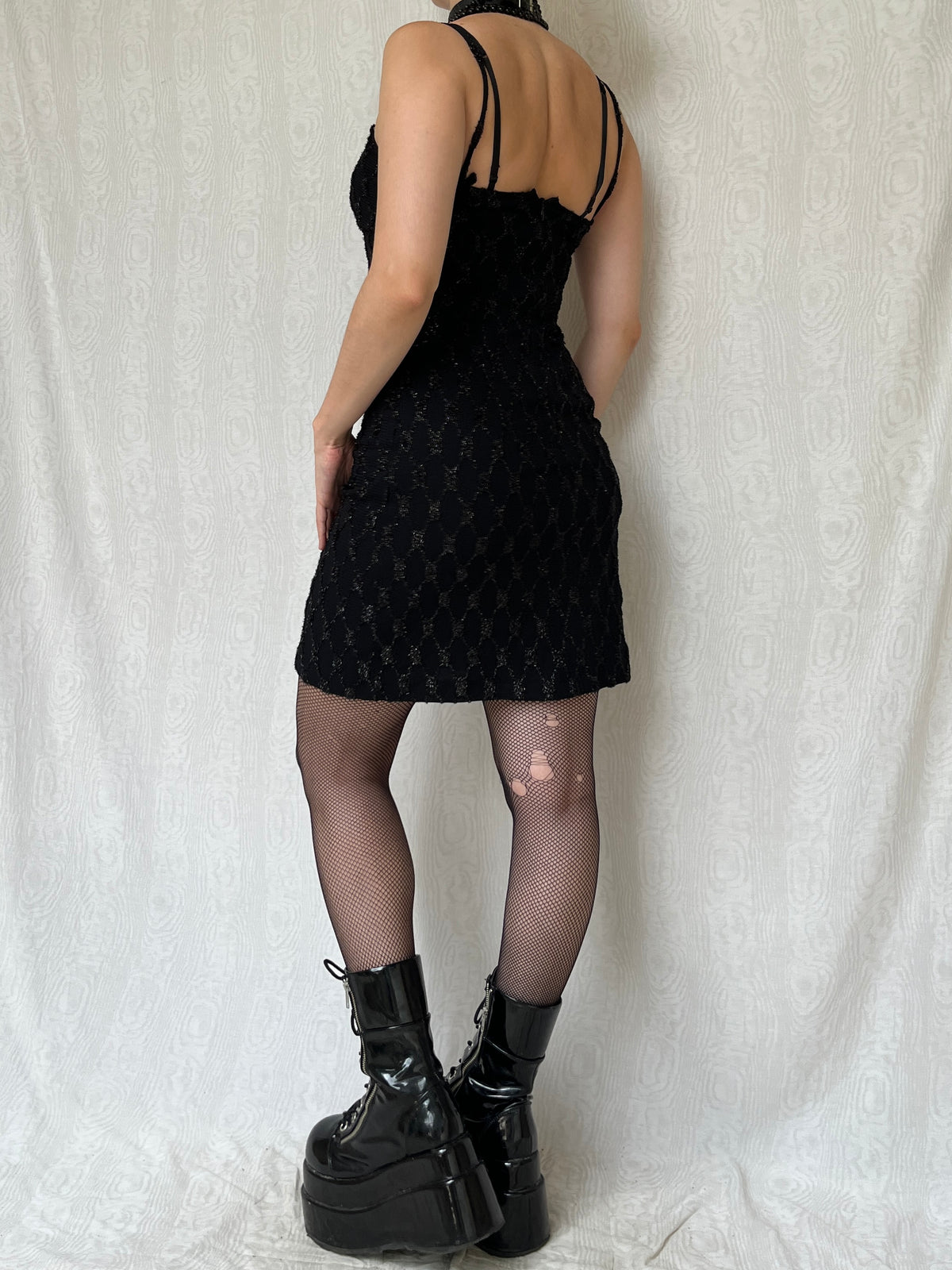 Vintage 00s Romantic Glittery Fishnet Black Dress (S)