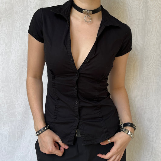 Vintage 00s Office Siren Short Sleeve Button-Up (S)