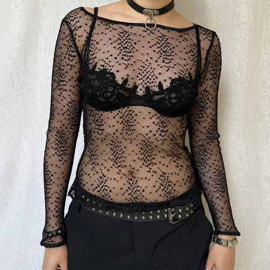 Vintage 00s Clubwear Black Mesh Top (M)