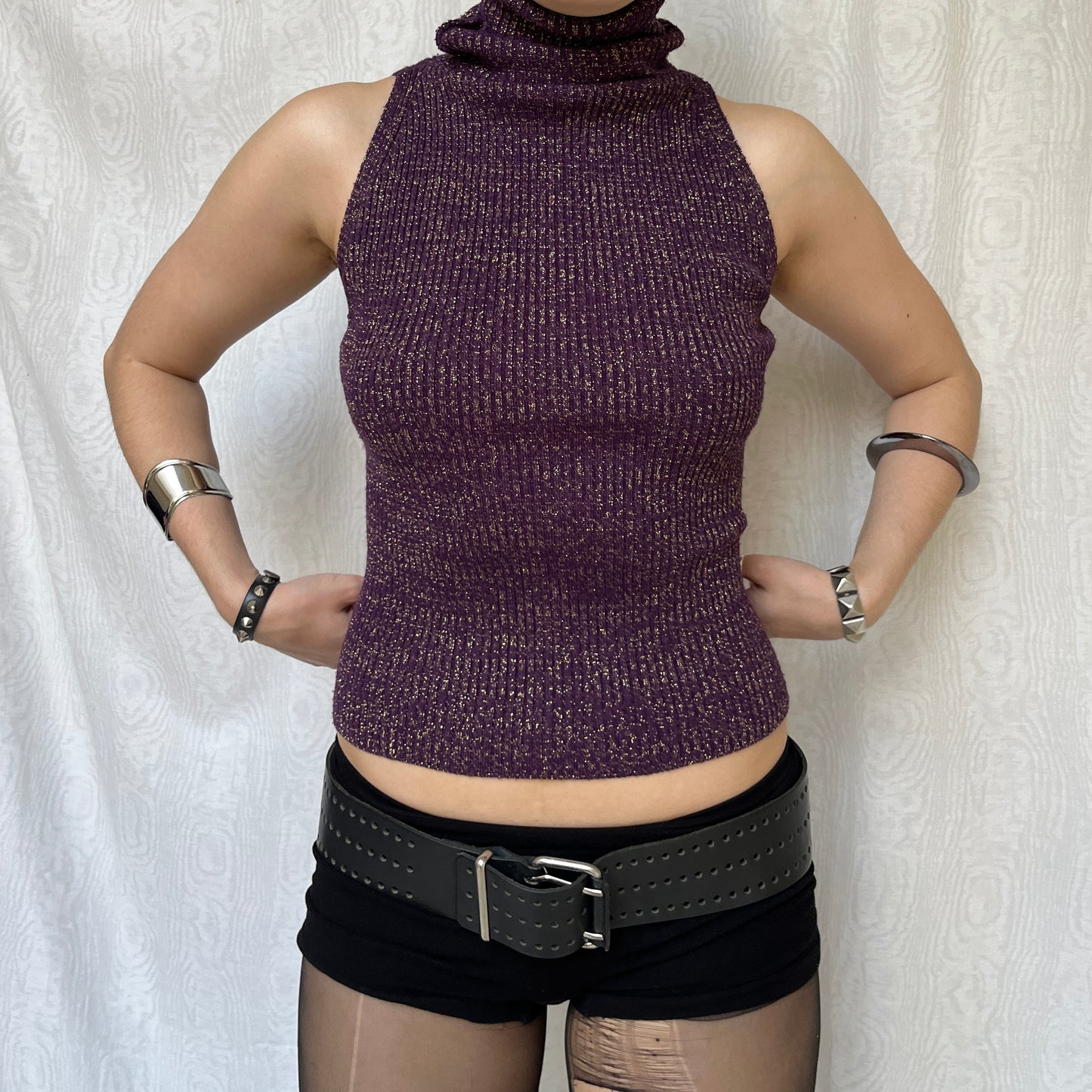 Vintage 00s Eclectic Knit Purple Sleeveless Turtleneck Top (S)