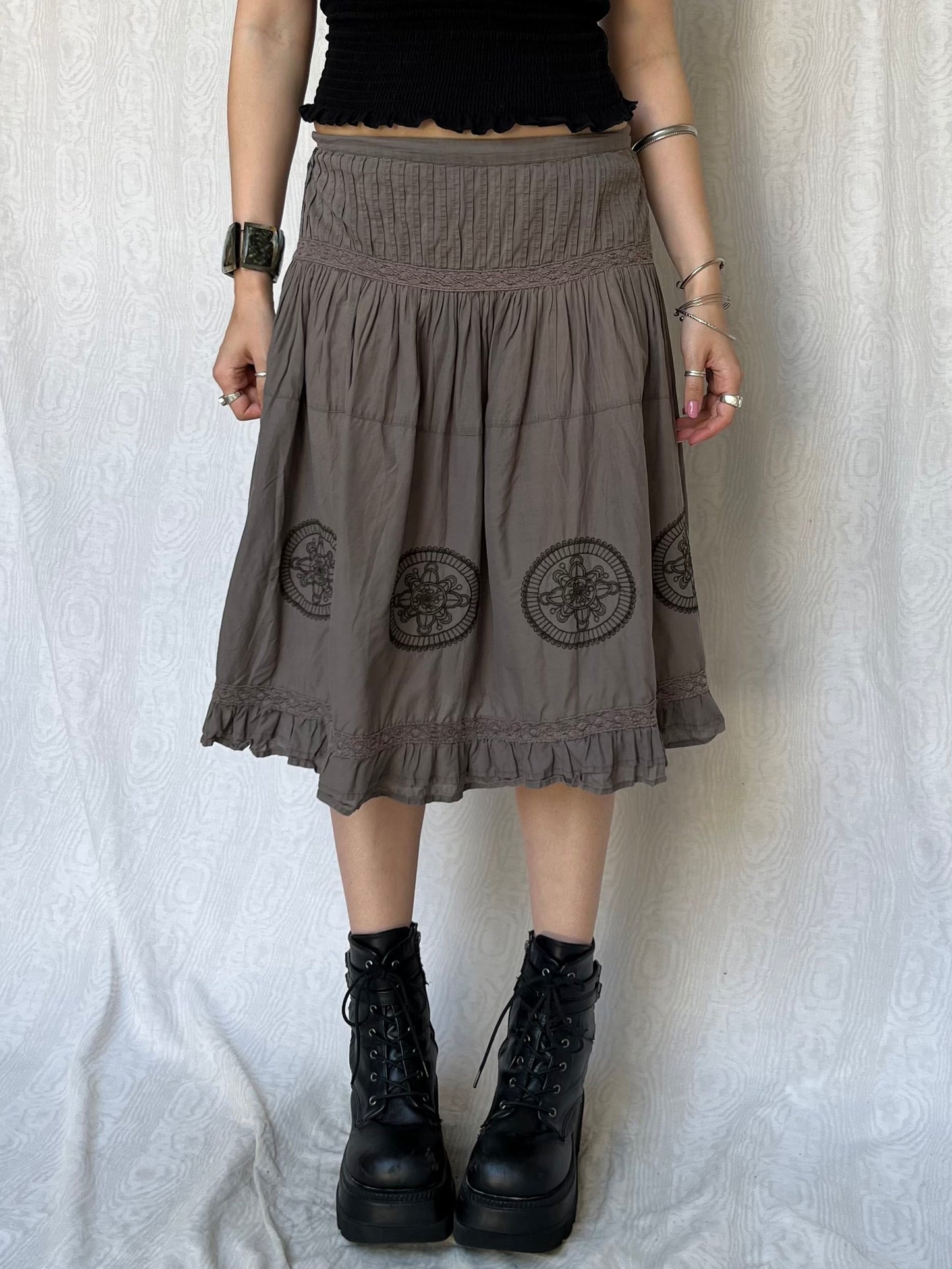 Vintage 00s Boho Khaki Midi Skirt (S)
