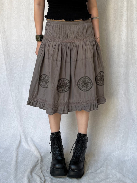 Vintage 00s Boho Khaki Midi Skirt (S)
