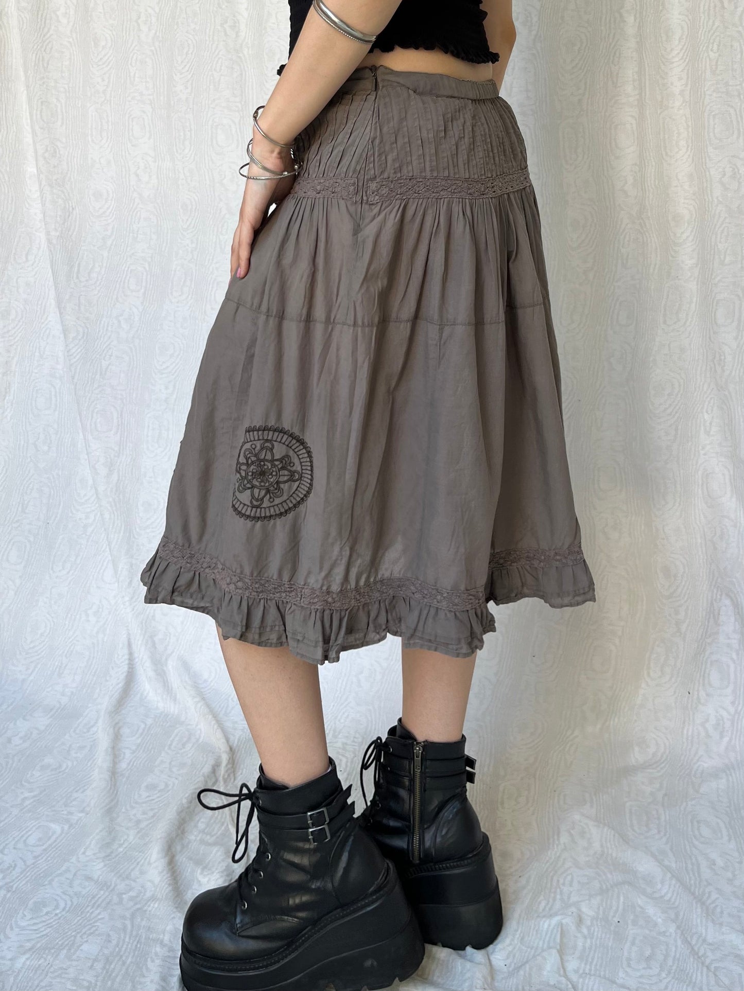 Vintage 00s Boho Khaki Midi Skirt (S)